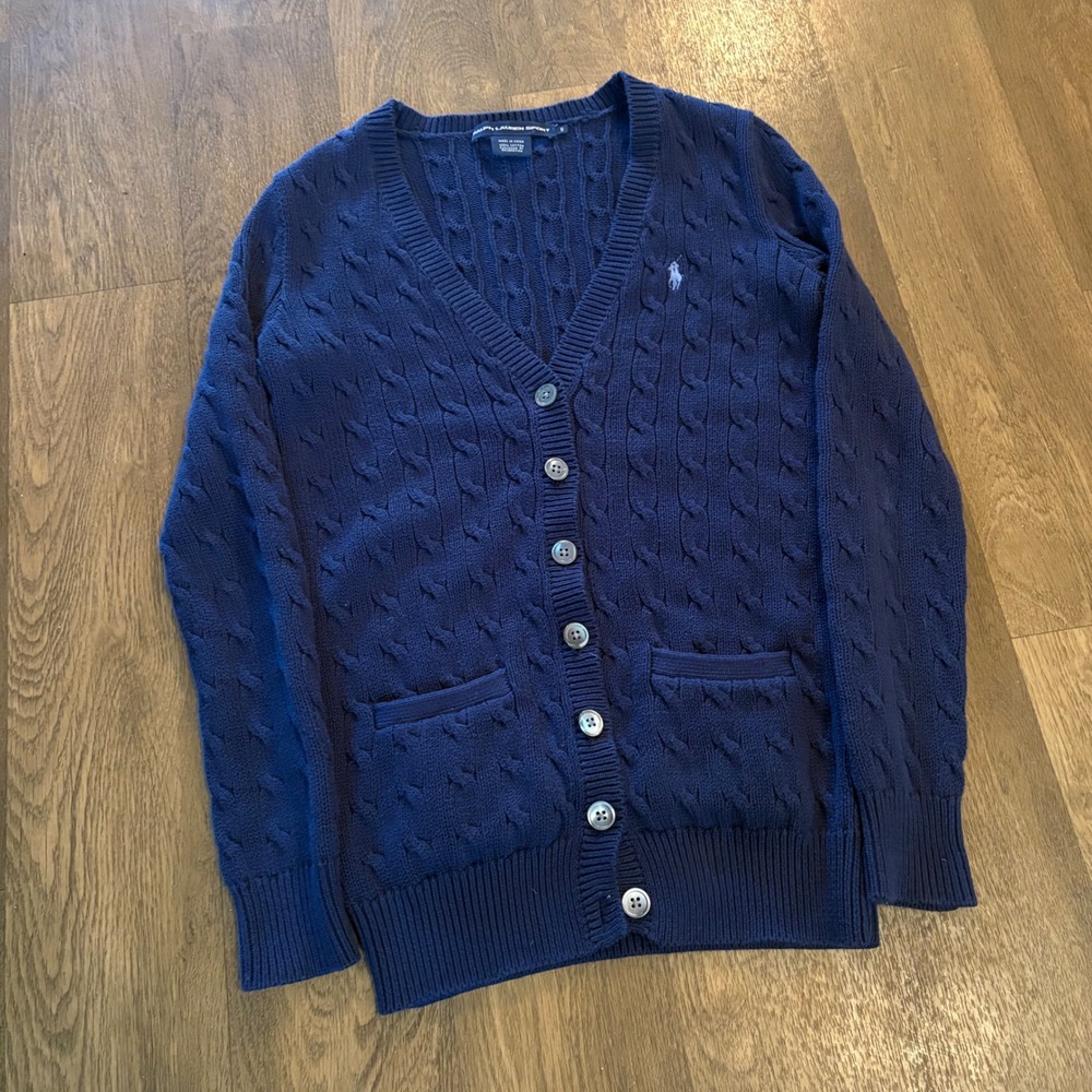 Vtg Ralph Lauren Sport Preppy Small Pony Embroidered Cable Knit Cardigan Sweater